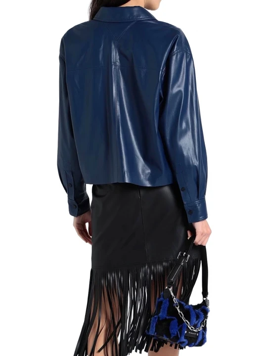 Press Button Closure Leather Shirt Navy Blue