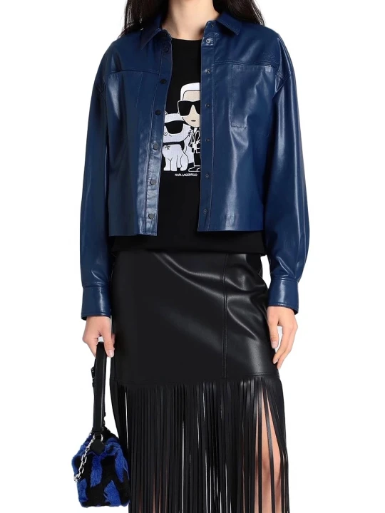 Press Button Closure Leather Shirt Navy Blue
