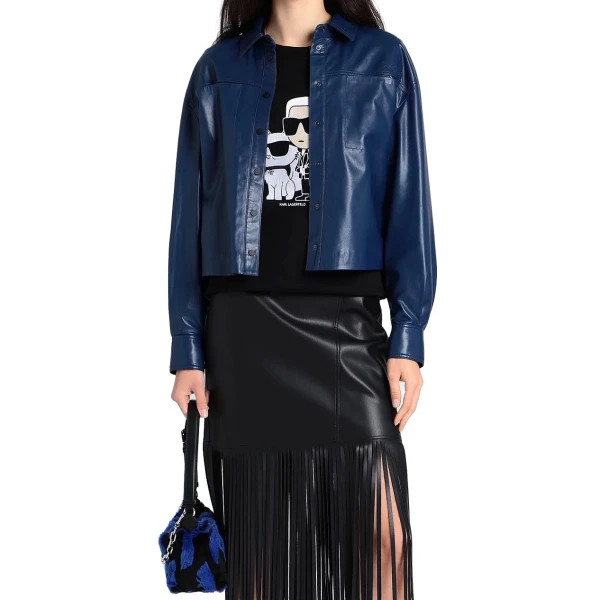 Press Button Closure Leather Shirt Navy Blue