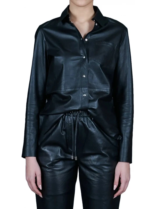 Press Buttons Black Leather Shirt