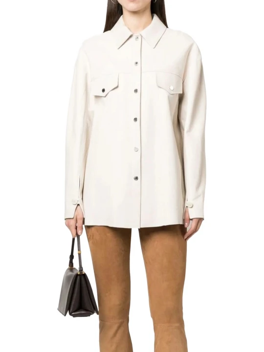 Press Stud Fastening Leather Shirt In White