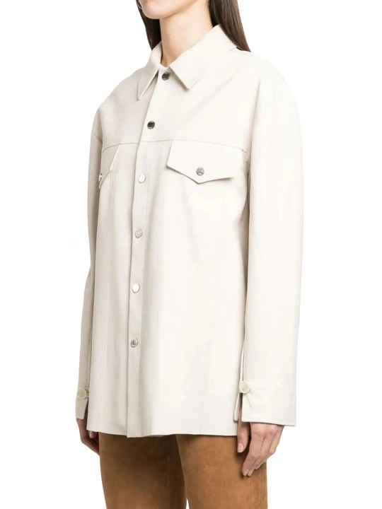 Press Stud Fastening Leather Shirt In White