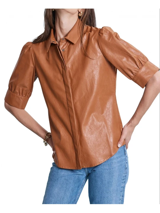 Puff Sleeves Tan Leather Shirt