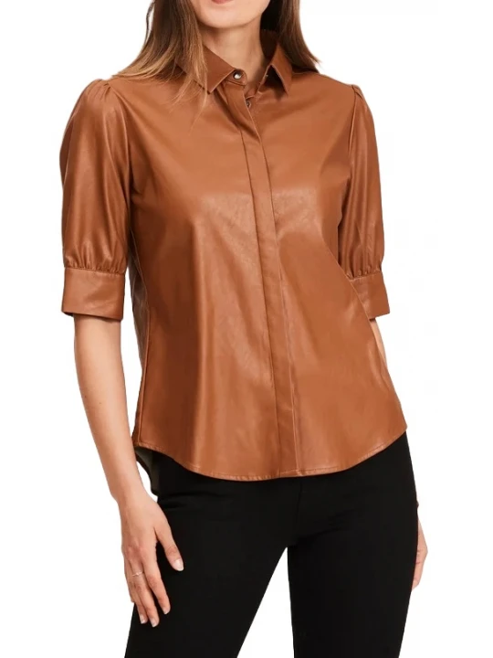 Puff Sleeves Tan Leather Shirt