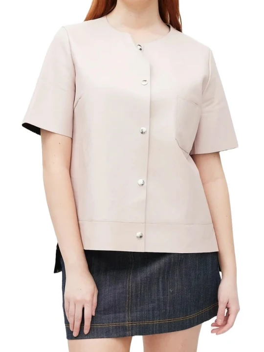 Round Neckline Off White Leather Shirt