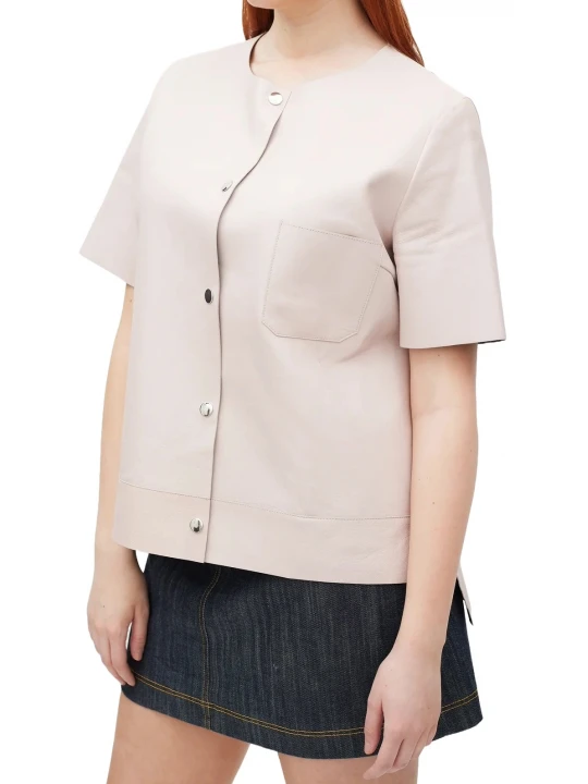 Round Neckline Off White Leather Shirt