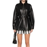 Short Side Slits Black Leather Overshirt