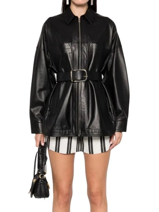 Short Side Slits Black Leather Overshirt