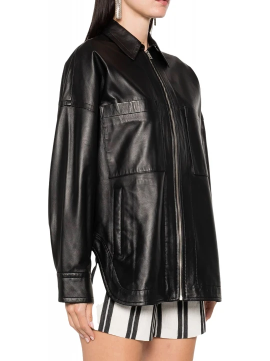 Short Side Slits Black Leather Overshirt