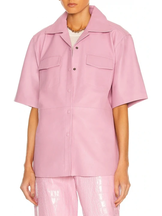 Short Sleeve Pink Leather Shirt