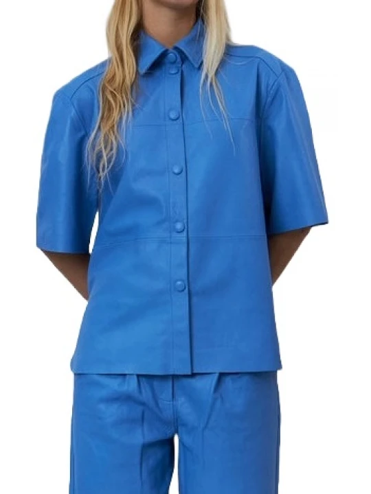 Short Sleeved Leather Shirt In Blue
