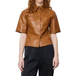 Short Sleeves Tan Leather Shirt