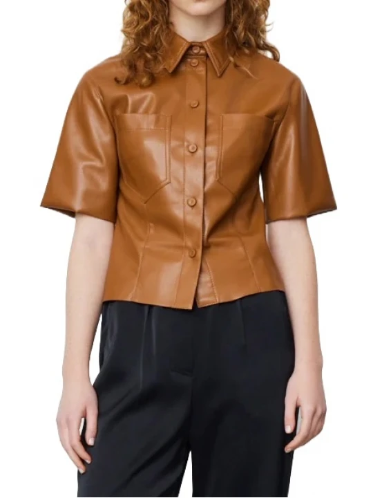 Short Sleeves Tan Leather Shirt