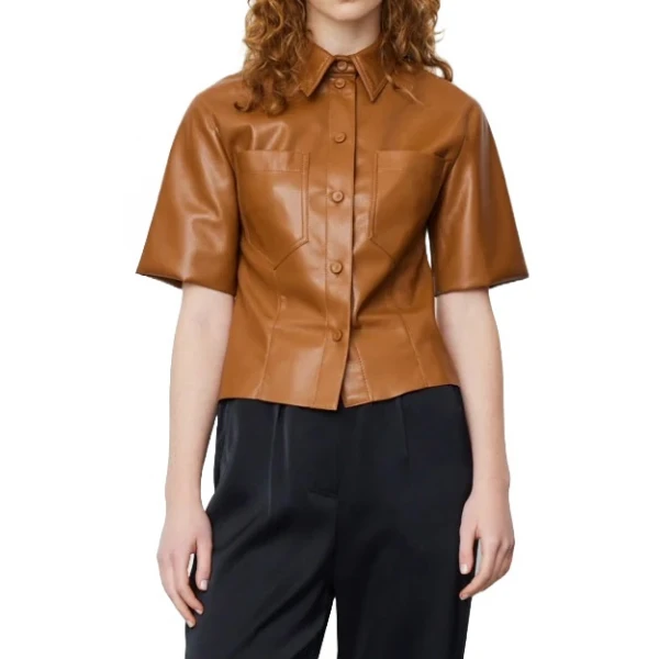 Short Sleeves Tan Leather Shirt