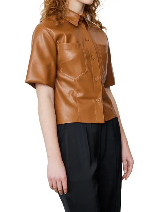 Short Sleeves Tan Leather Shirt