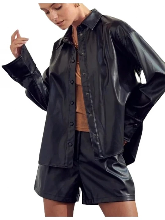 Snap Buttons Black Leather Shirt
