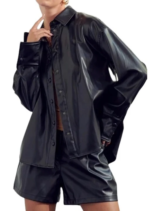 Snap Buttons Black Leather Shirt