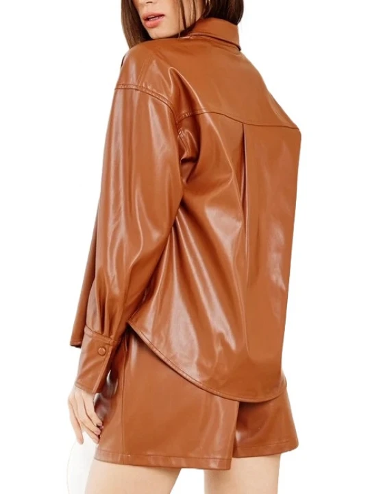Snap Buttons Tan  Leather Shirt