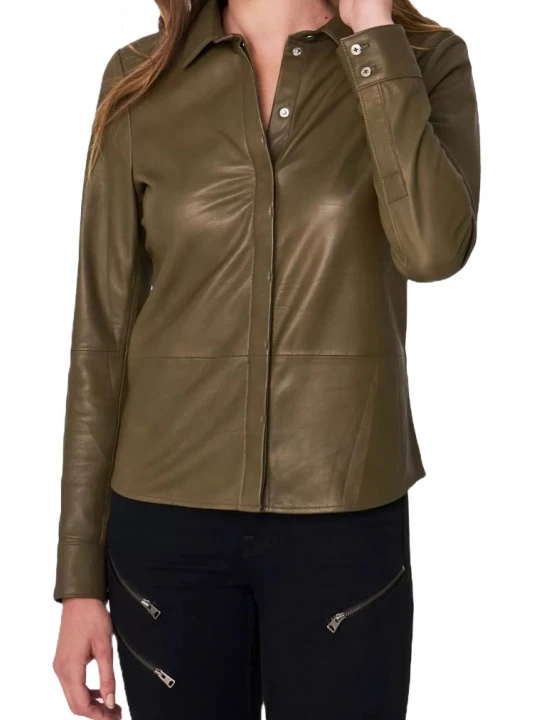 Spread Collar Brown Leather Shirt