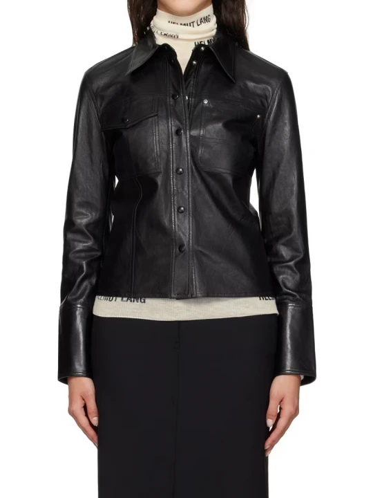 Spread Collar Leather Shirts Black