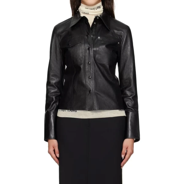 Spread Collar Leather Shirts Black