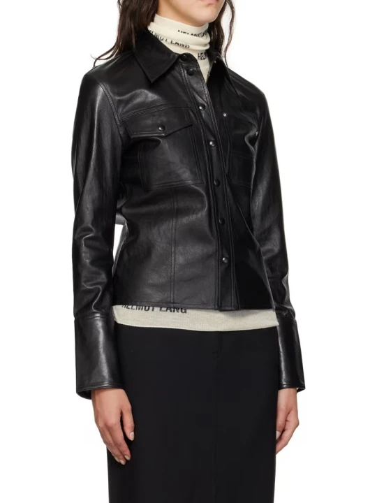 Spread Collar Leather Shirts Black
