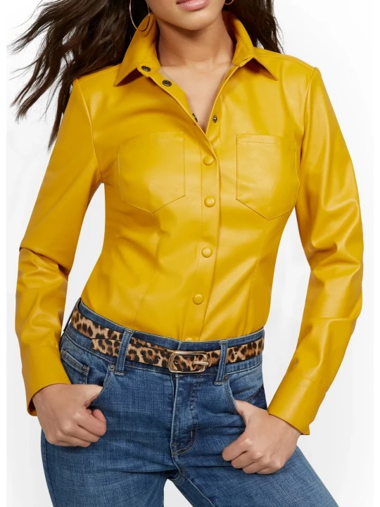 Yellow Leather Button Down Shirt