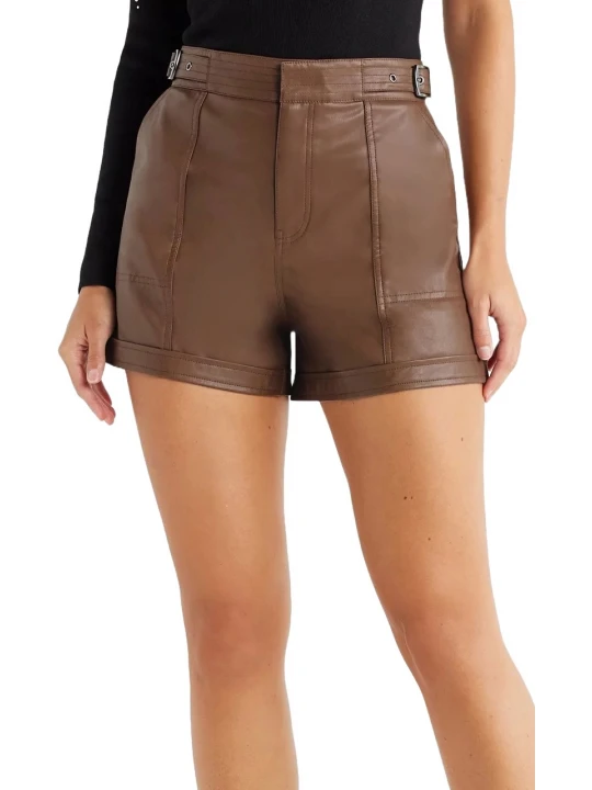 Adjustable Buckles Brown Leather Shorts