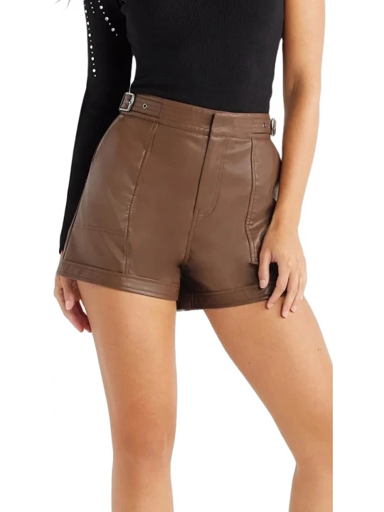 Adjustable Buckles Brown Leather Shorts