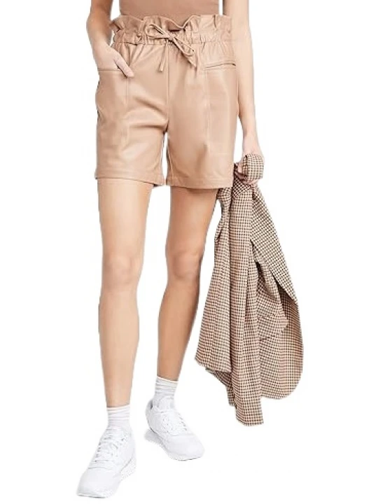 Beige Leather Paperbag Waist Shorts