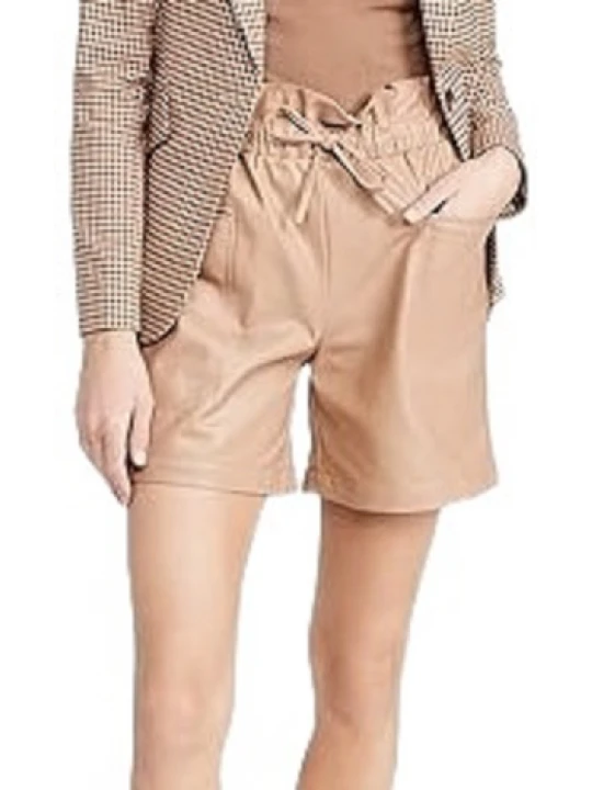 Beige Leather Paperbag Waist Shorts
