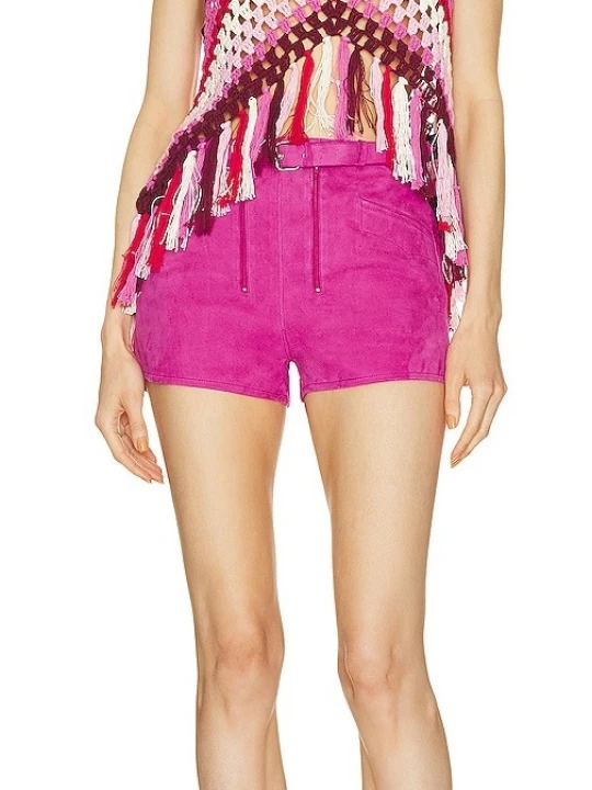 Belted Pink Suede Leather Shorts