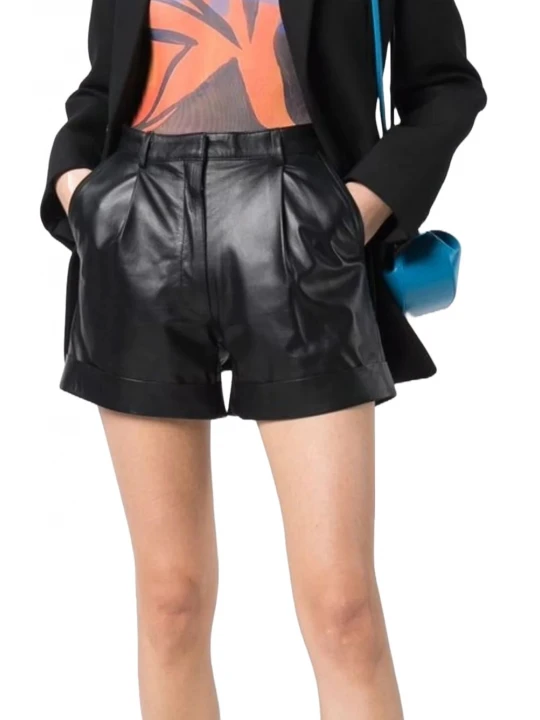 Black Leather Pleat Detailing Shorts