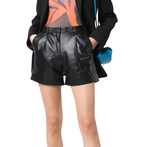 Black Leather Pleat Detailing Shorts