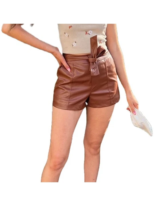 Brown Leather Belted Shorts