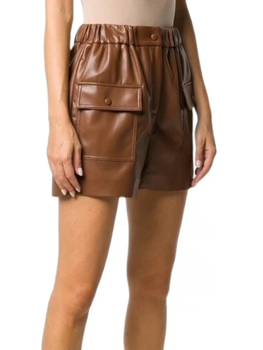 Brown Leather Shorts With Flap Pockets