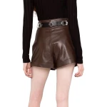 Brown Leather Shorts With Pleat Detailing