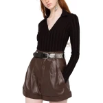 Brown Leather Shorts With Pleat Detailing