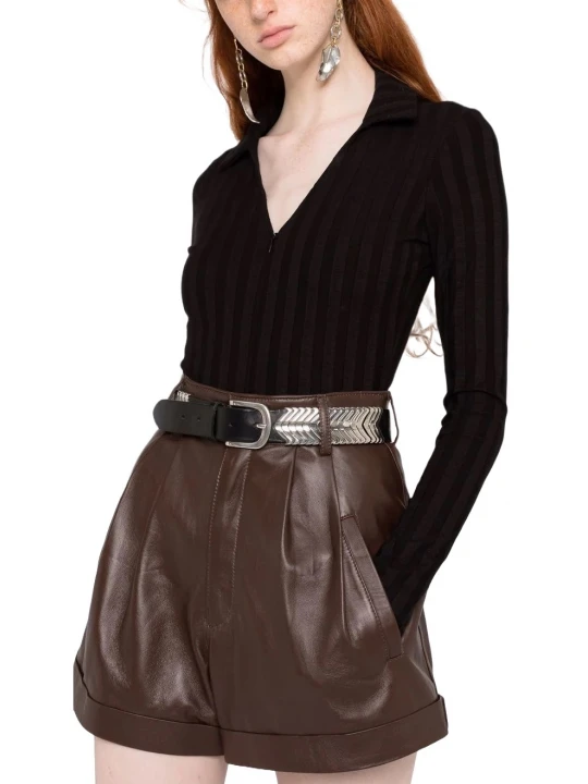 Brown Leather Shorts With Pleat Detailing
