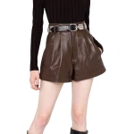 Brown Leather Shorts With Pleat Detailing