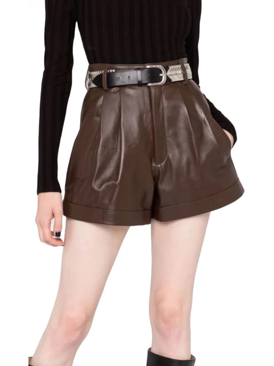 Brown Leather Shorts With Pleat Detailing