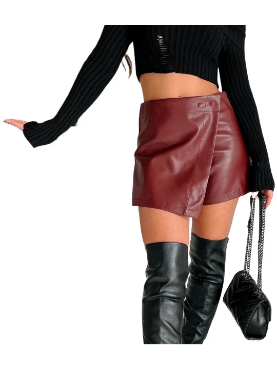 Burgundy Leather Wrap Shorts