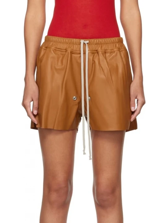 Cognac Leather Shorts With Drawstring