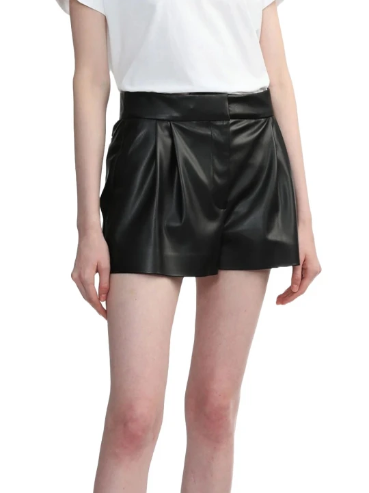 Concealed Front Fastening Black Leather Shorts