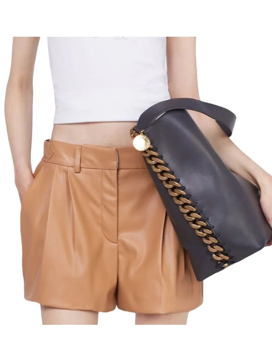 Concealed Front Fastening Cognac Leather Shorts