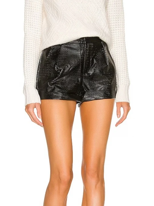 Croc Embossed Black Leather Shorts