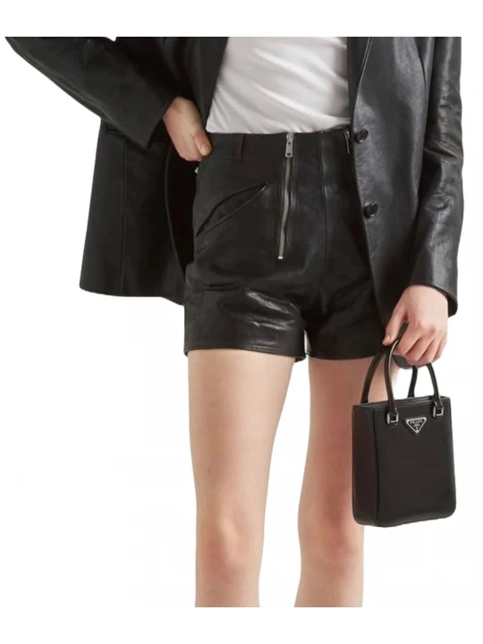 Double Zip Black Leather Shorts