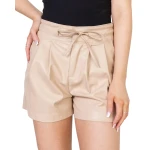 Drawstring Belt Details Beige Leather Shorts
