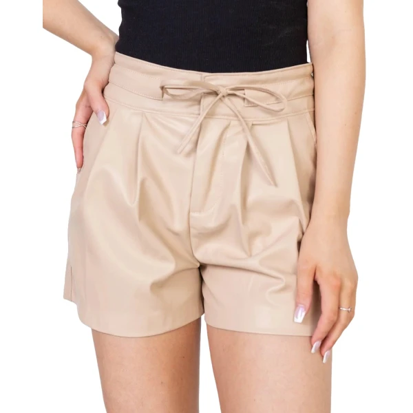 Drawstring Belt Details Beige Leather Shorts
