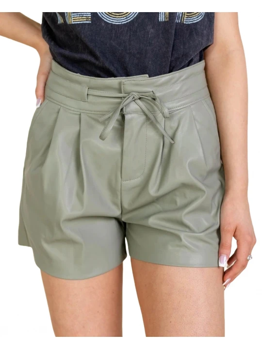 Drawstring Belt Details Grey Leather Shorts